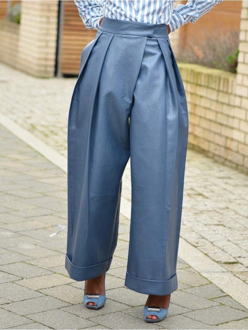 SHEIN Steel Blue High-Waist Wide-Leg Faux Leather Pants